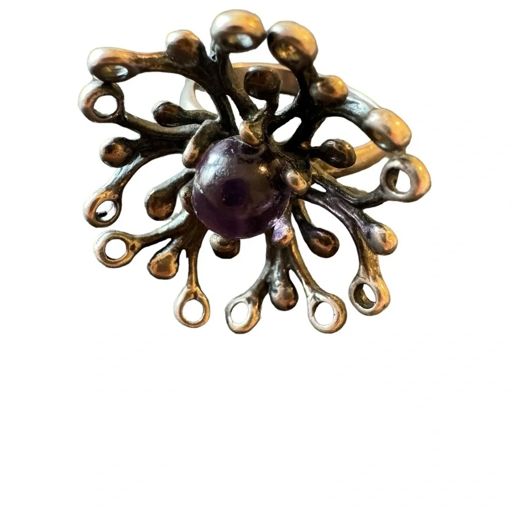 Brutalist Israel Sterling Silver Amethyst Ring Size 7